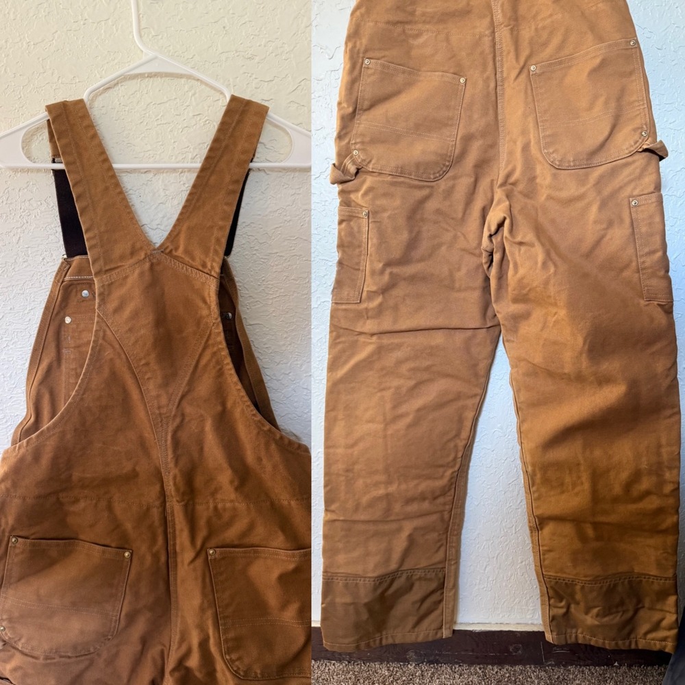 Carhartt R41 BRN Quilt Lined Duck Canvas Distressed Overalls Mens 36x34 Brown - Picture 4 of 6